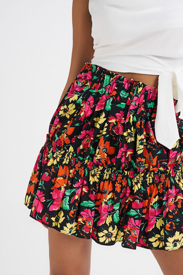 Floral Patterned Elastic Waist Skirt Fuchsia