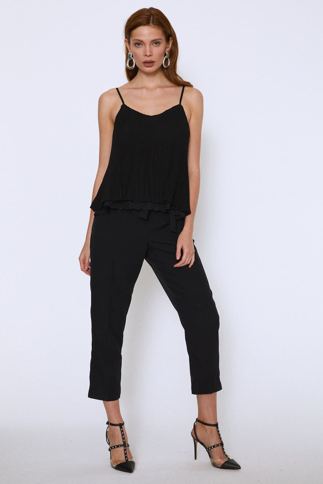 Lace Top V-Neck Strap Blouse Black