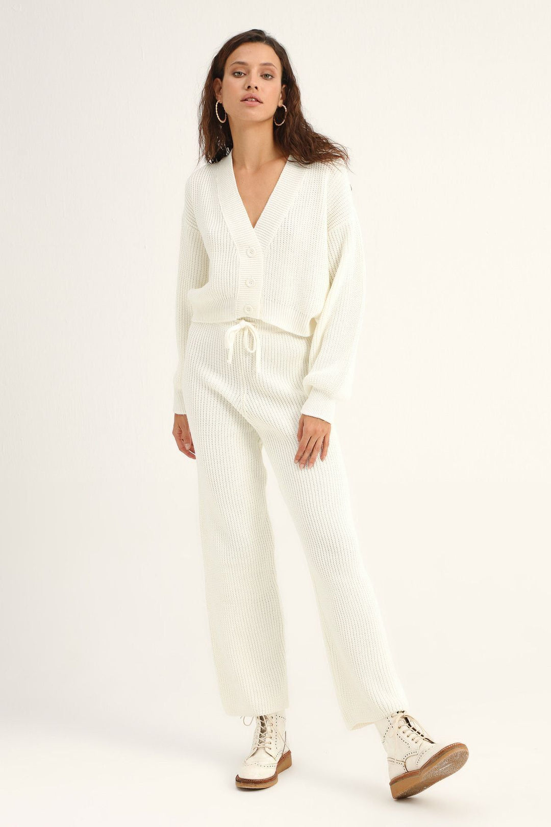 Wide Leg Knitwear Trousers White