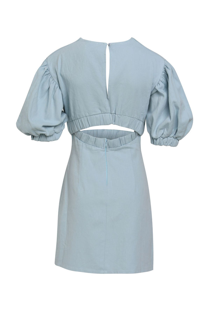 V Yaka Cut Out Gabardin Elbise Bebe Mavi