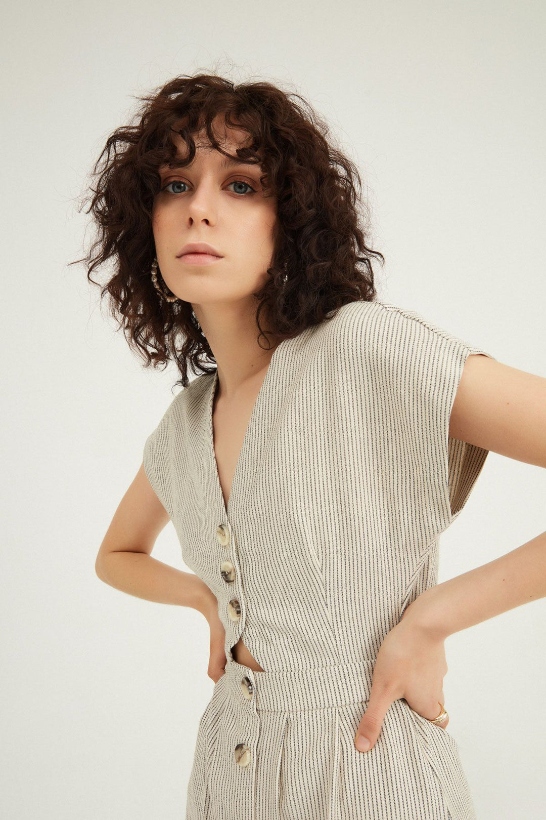 V Neck Buttoned Linen Dress Black