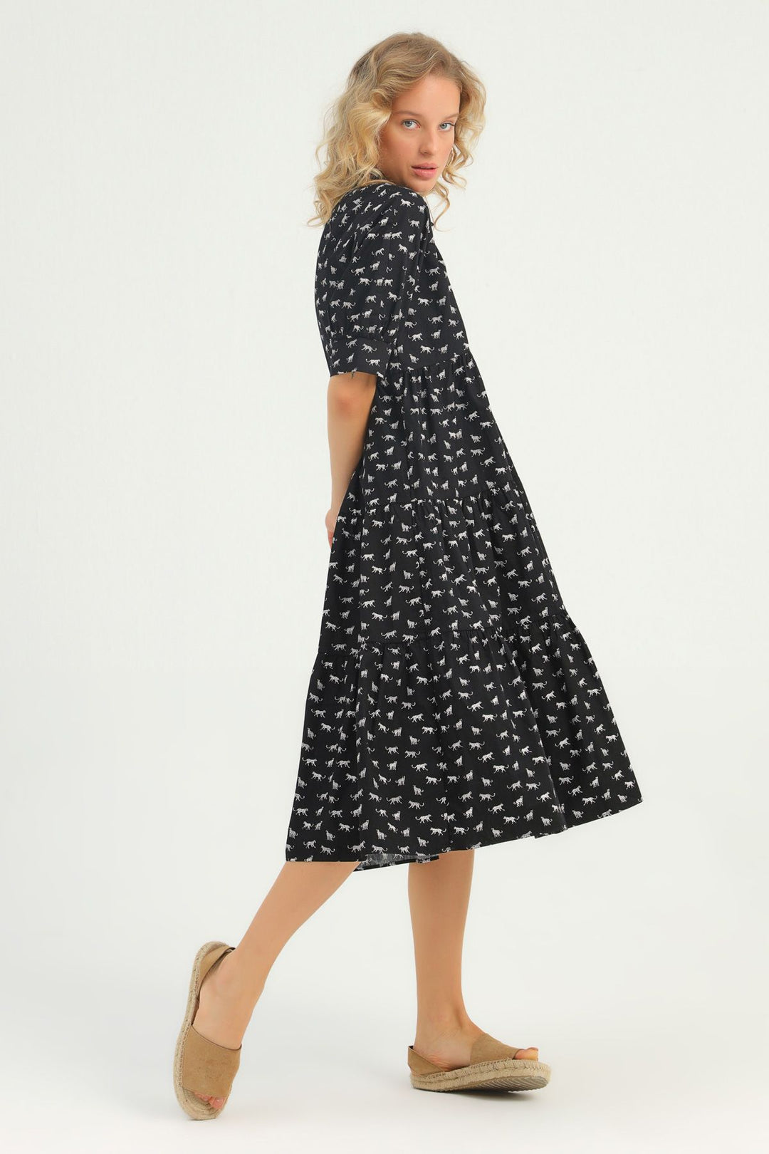 Patterned Shirt Collar Dress Black