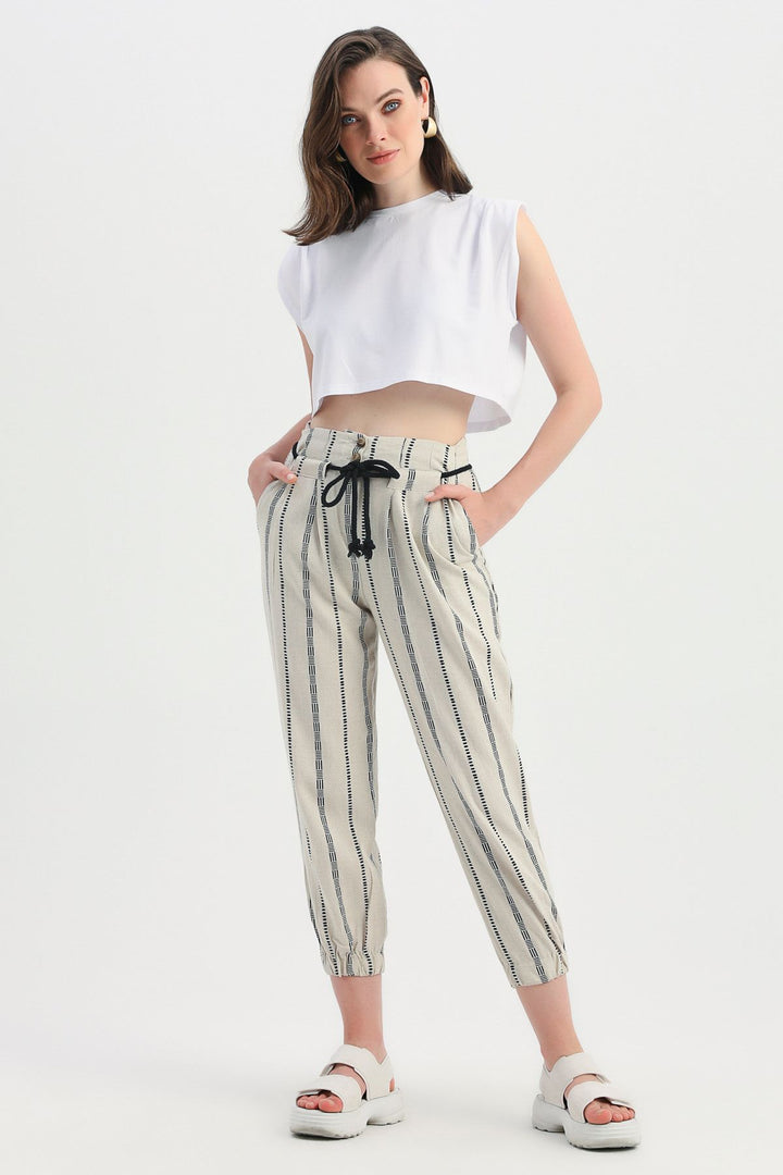 Patterned Linen Jogger Pants Natural
