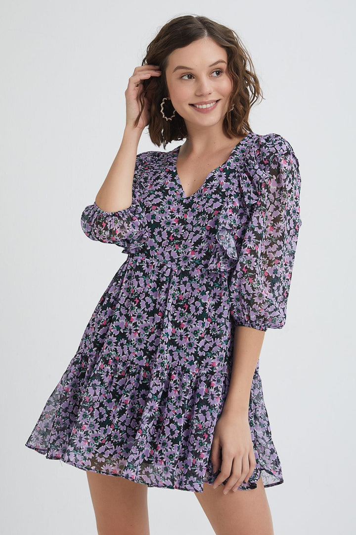 Floral Patterned V-Neck Dress Lilac