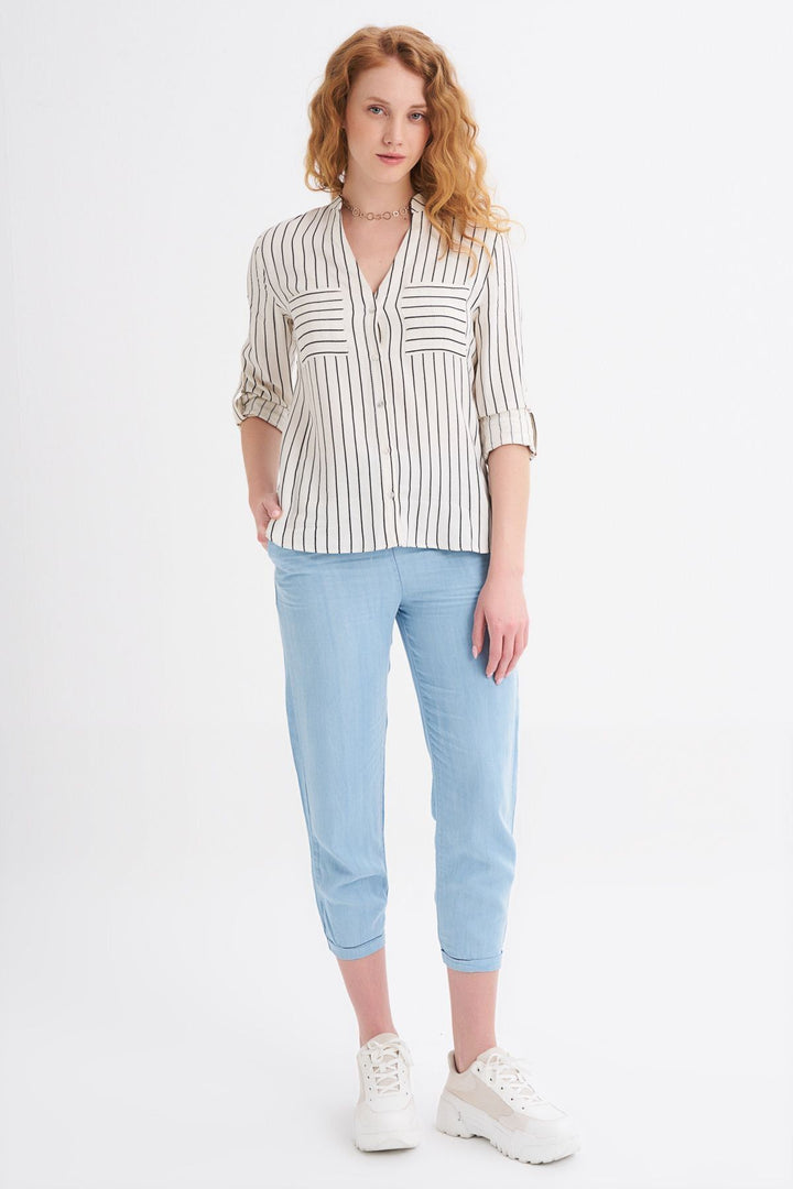 Çizgili Cepli Keten Gömlek Siyah