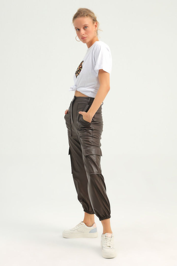 Cargo Pocket Leather Jogger Pants Brown