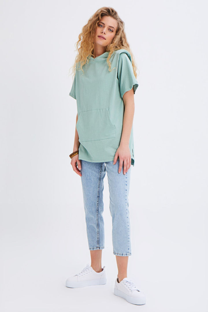 Hooded Kangaroo Pocket Long Sweatshirt Mint