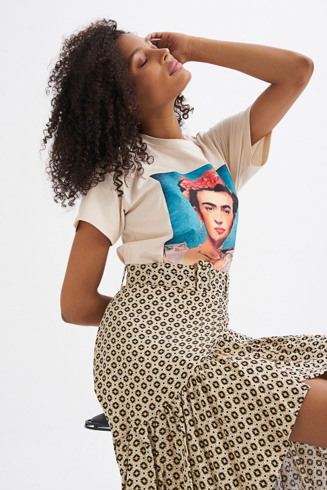 Patterned Belt Detailed Wrapped Skirt Beige