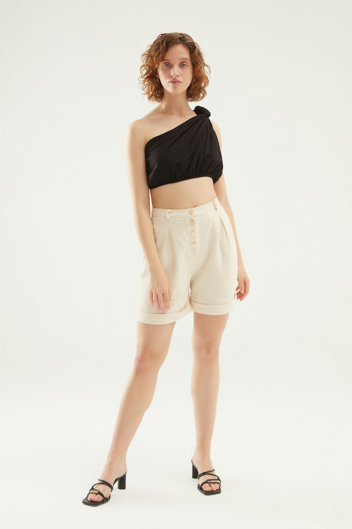 Düğmeli Duble Paça Keten Şort Naturel