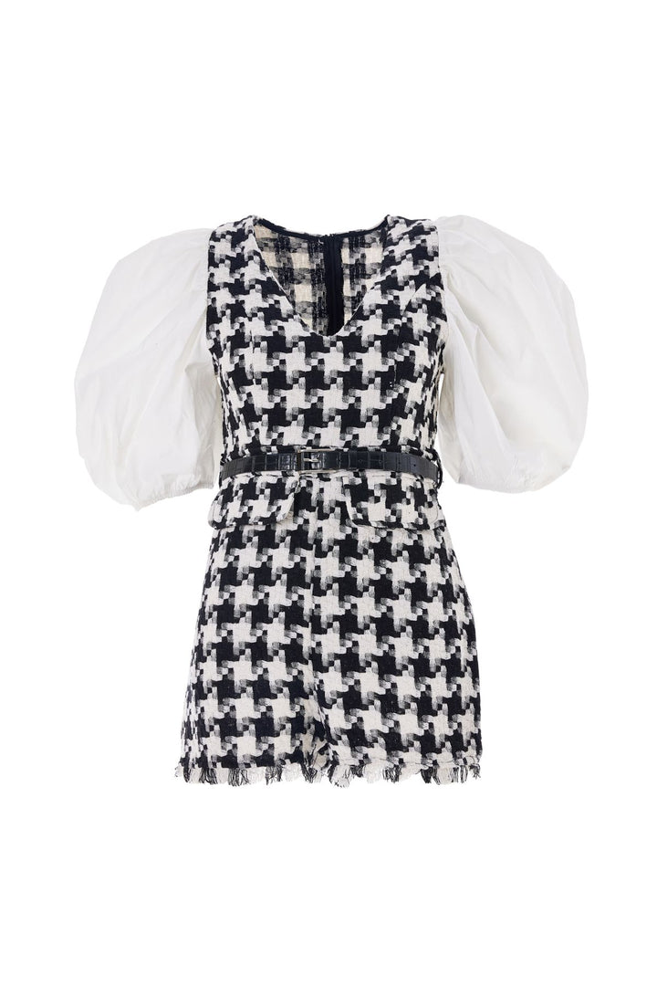 Tweed Balloon Sleeve Shorts Jumpsuit Black