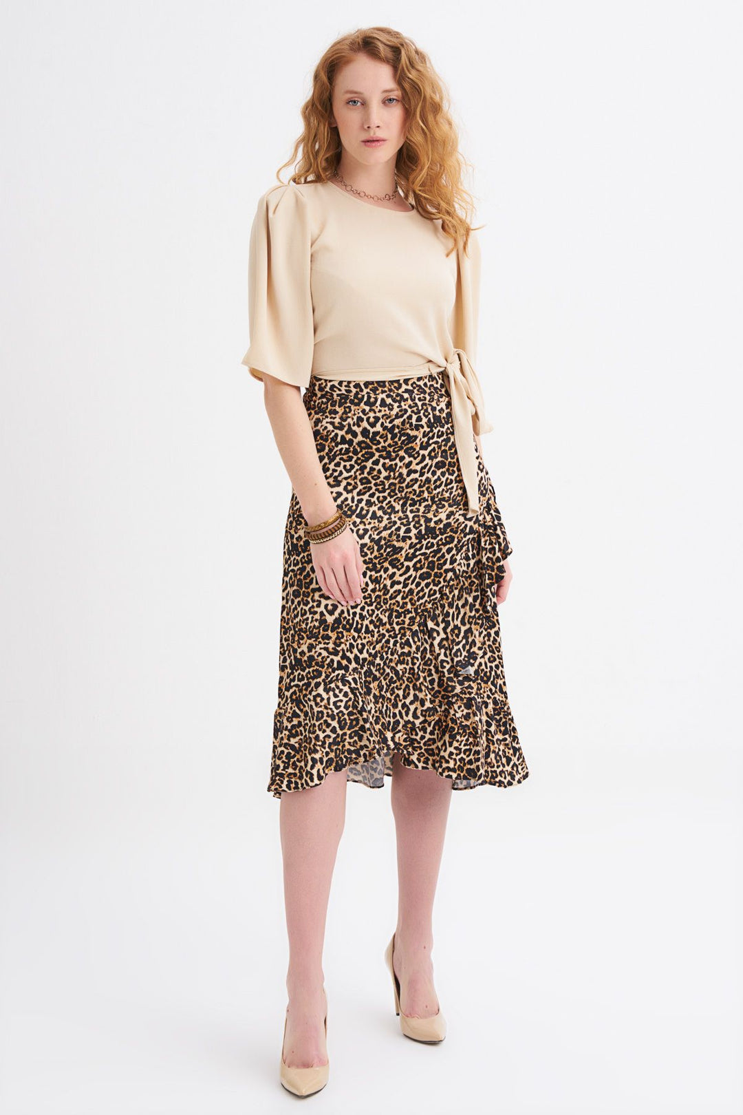 Side Tie Waistband Blouse Beige