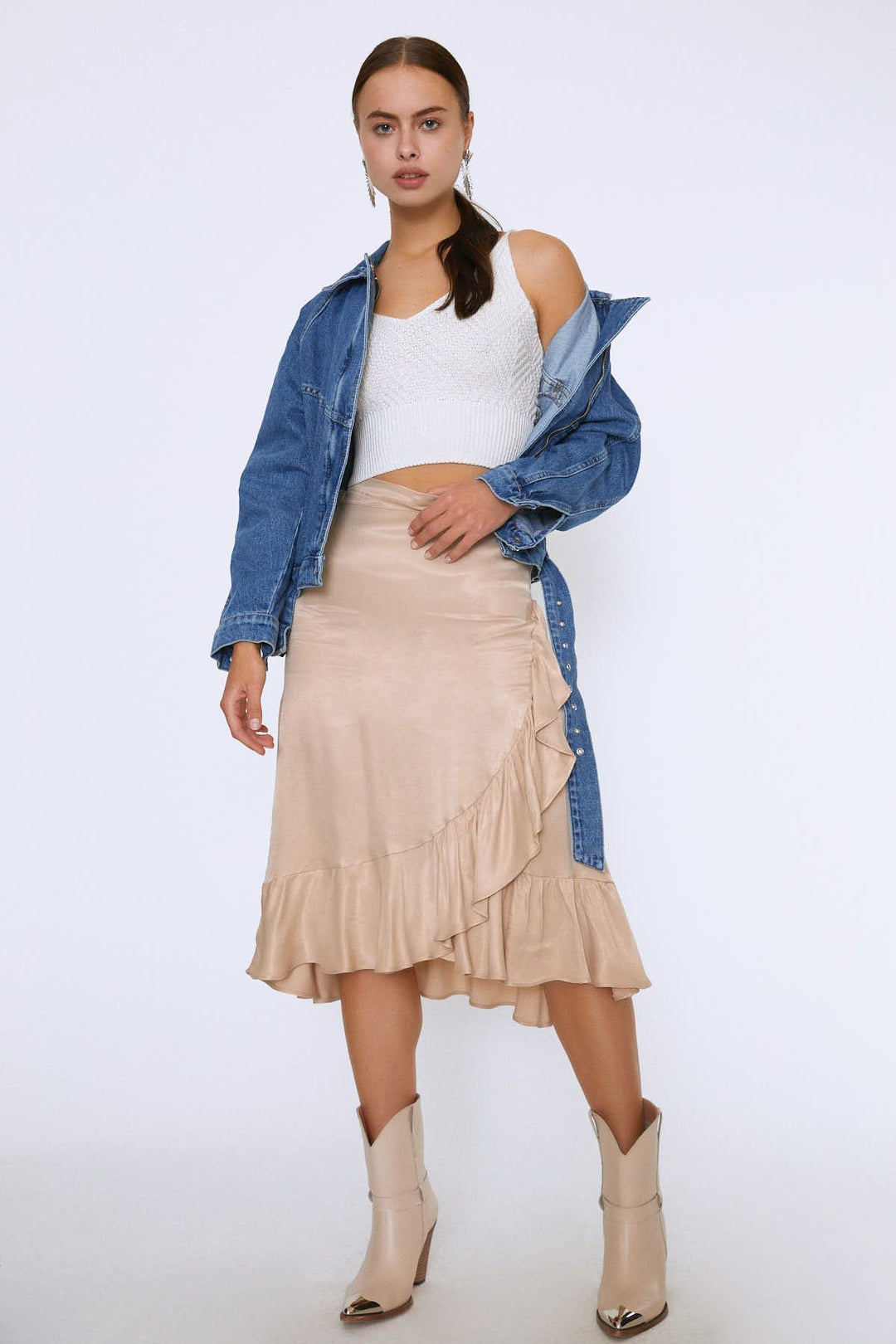 Belt Detailed Zippered Denim Jacket Blue