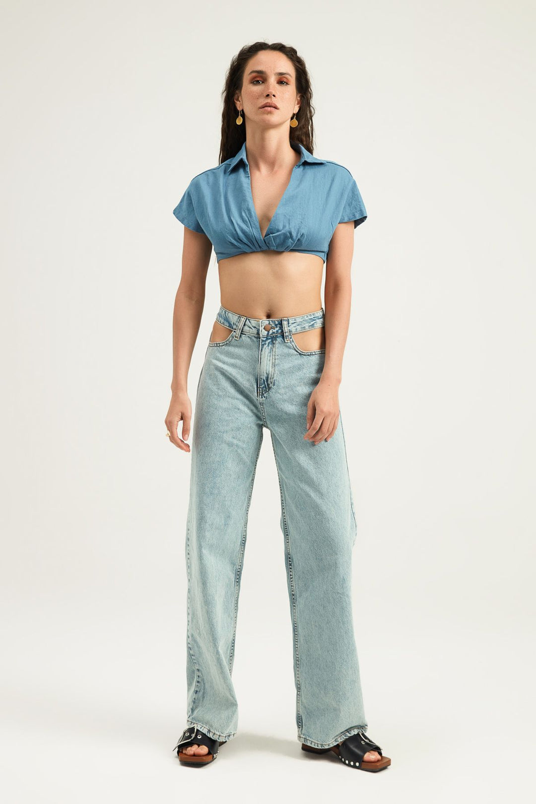 V Yaka Crop Bluz İndigo