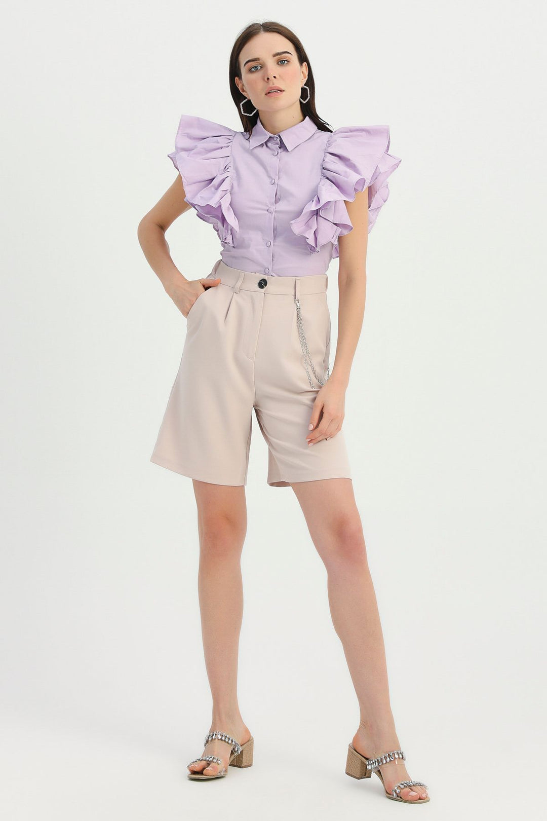 Chain Detailed High Waist Shorts Beige