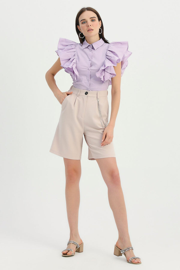 Chain Detailed High Waist Shorts Beige