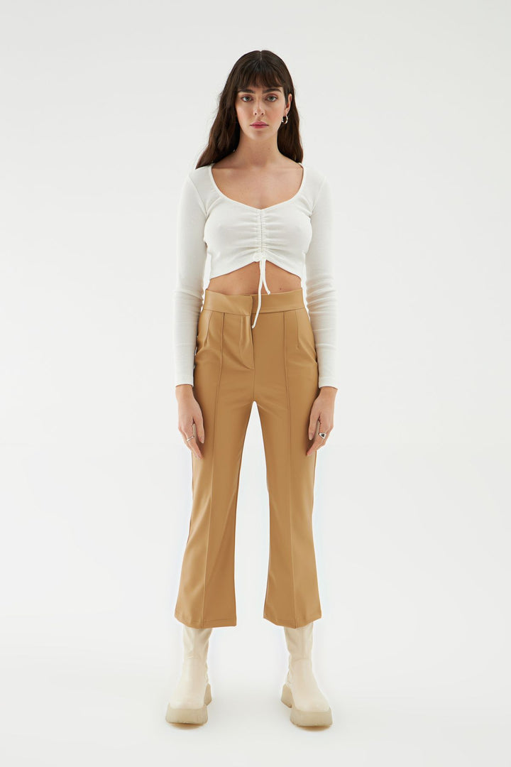 High Waist Leather Pants Dark Beige