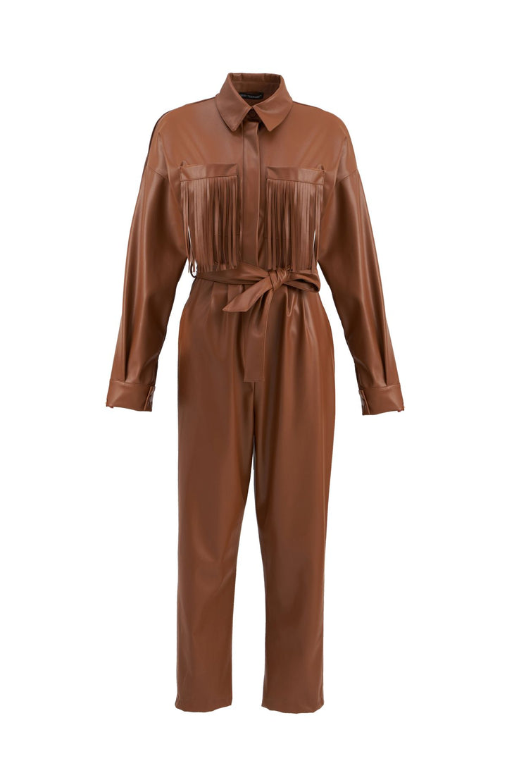 Cepleri Püsküllü Deri Tulum Kahverengi