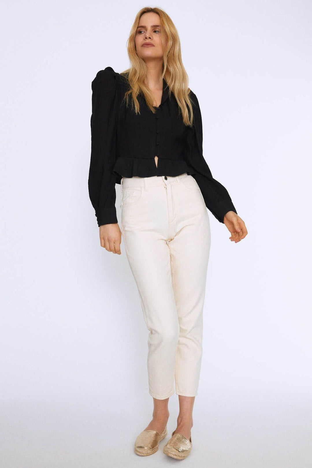 Button Front Balloon Sleeve Blouse Black