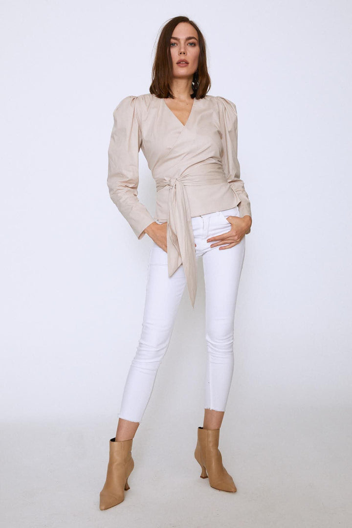 Bağlamalı Kruvaze Bluz Açık Bej