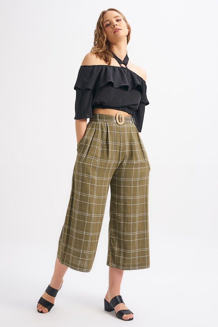 Belt Detailed Plaid Linen Trousers Khaki
