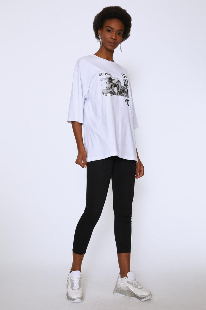 Baskılı Oversize Tişört Beyaz