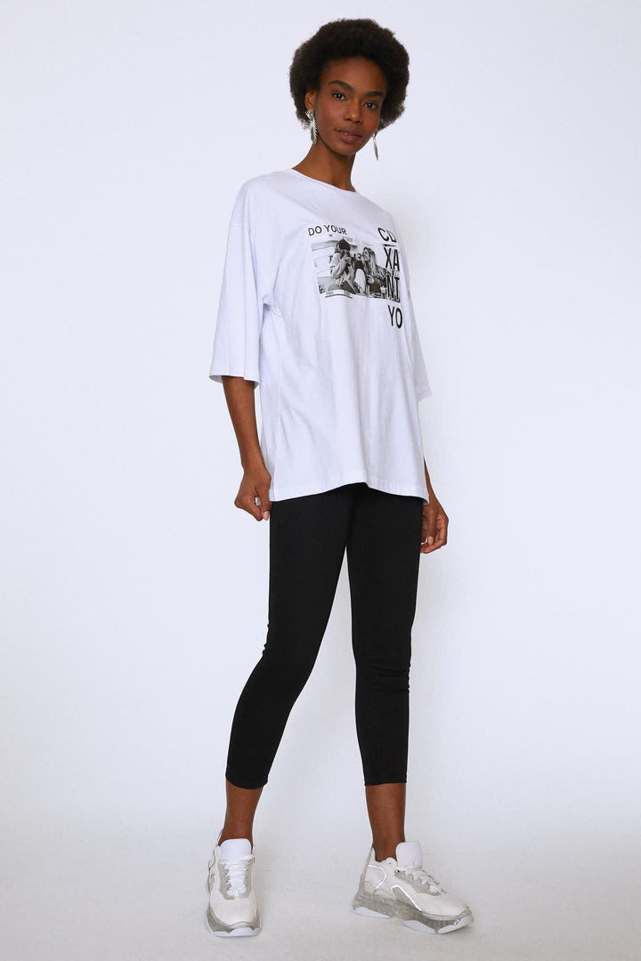 Baskılı Oversize Tişört Beyaz