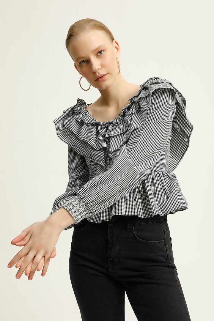 Volanlı V Yaka Bluz Siyah