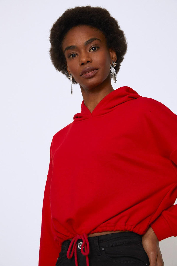 Hooded Tie Waist Sweatshirt Red