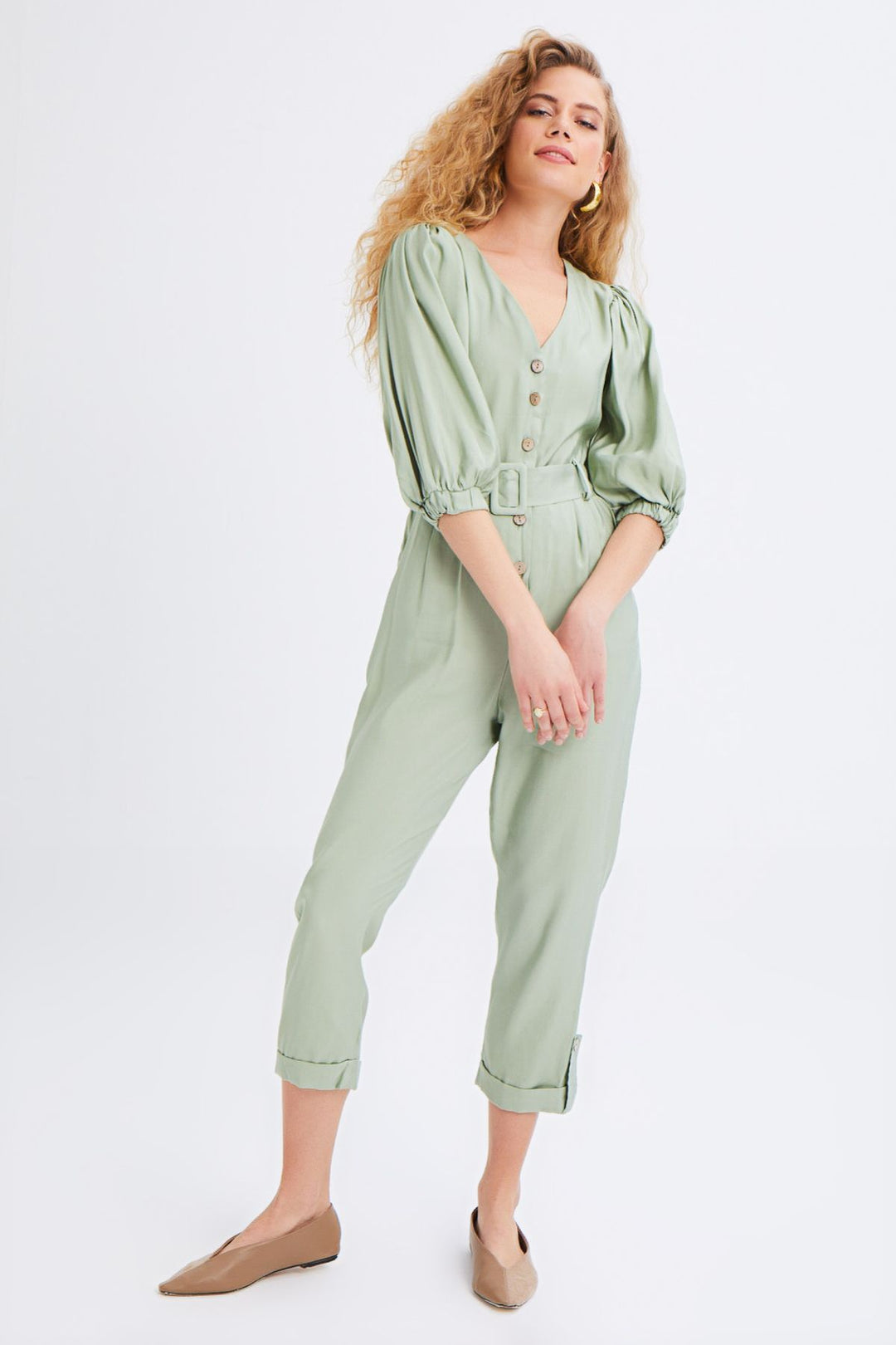 V Neck Waist Belted Jumpsuit Mint