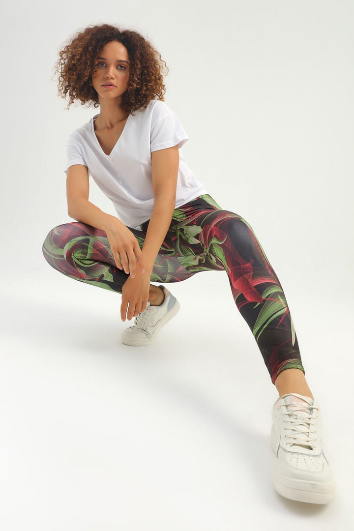 Desenli Yüksek Bel Spor Tayt Haki