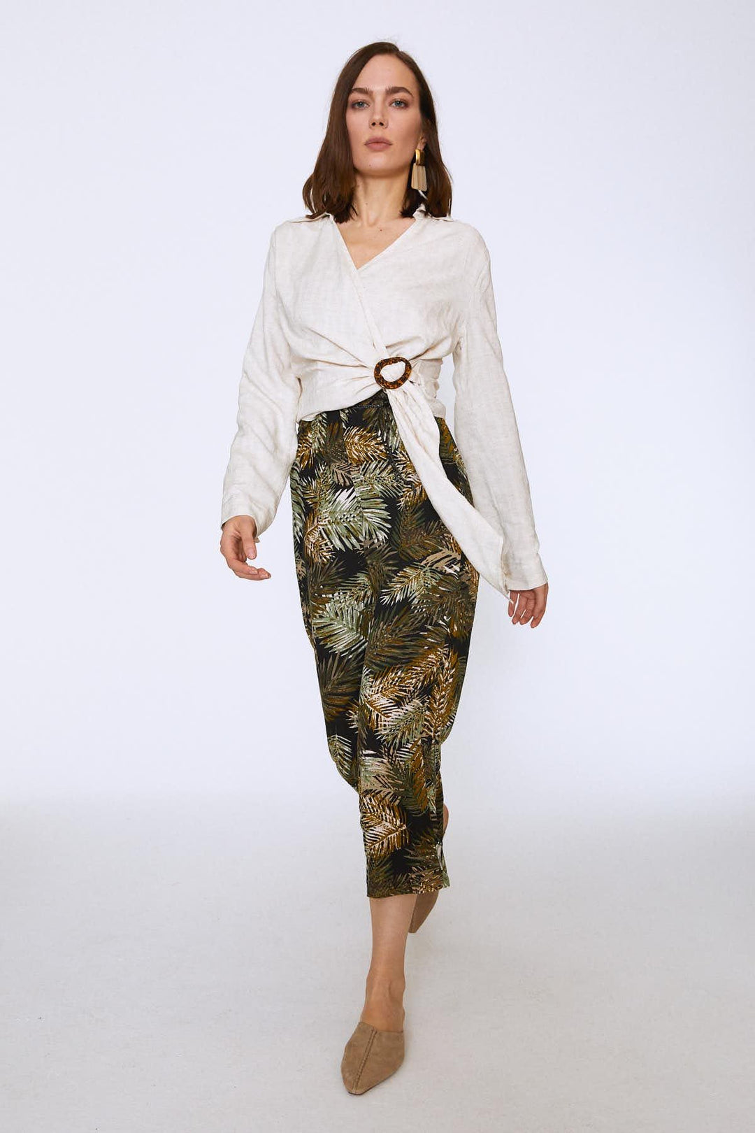 Buckled Waist Double Breasted Linen Blouse Natural