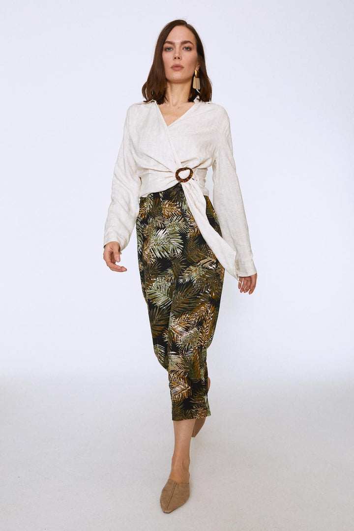 Buckled Waist Double Breasted Linen Blouse Natural