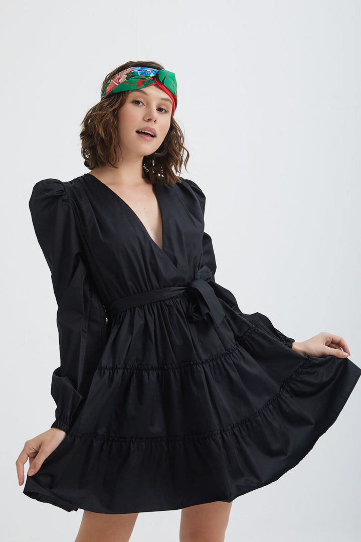 Double Breasted Balloon Sleeve Dress Black