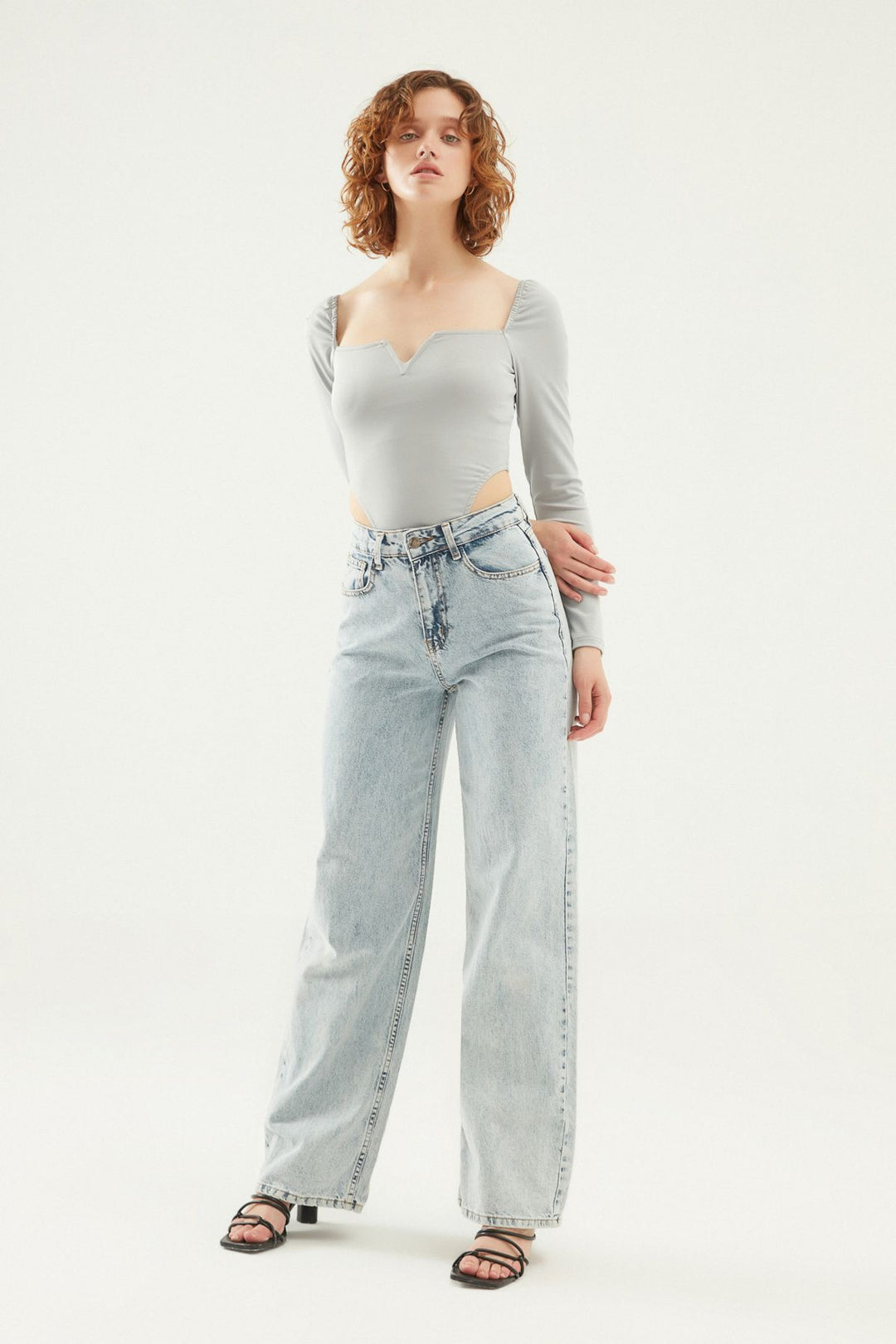 Square Neck Long Sleeve Bodysuit Gray