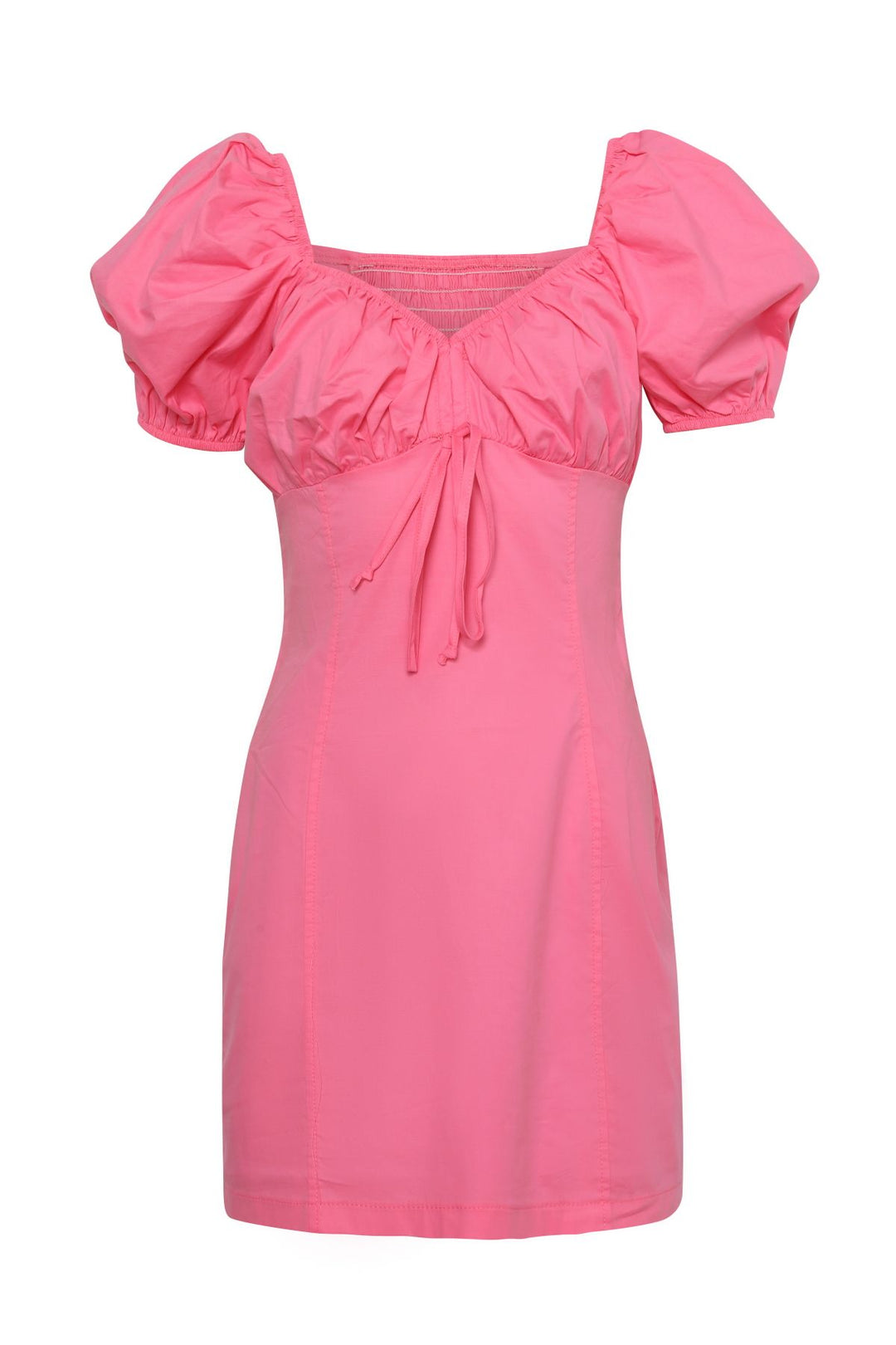 V Yaka Balon Kol Mini Elbise Şeker Pembe