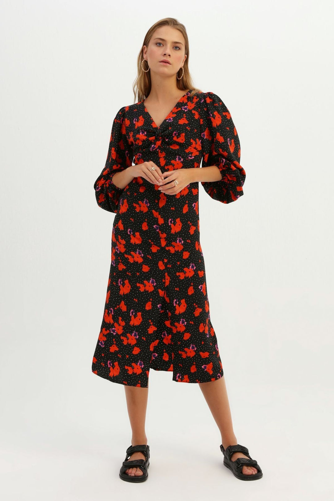 Patterned Low Back Slit Dress Red