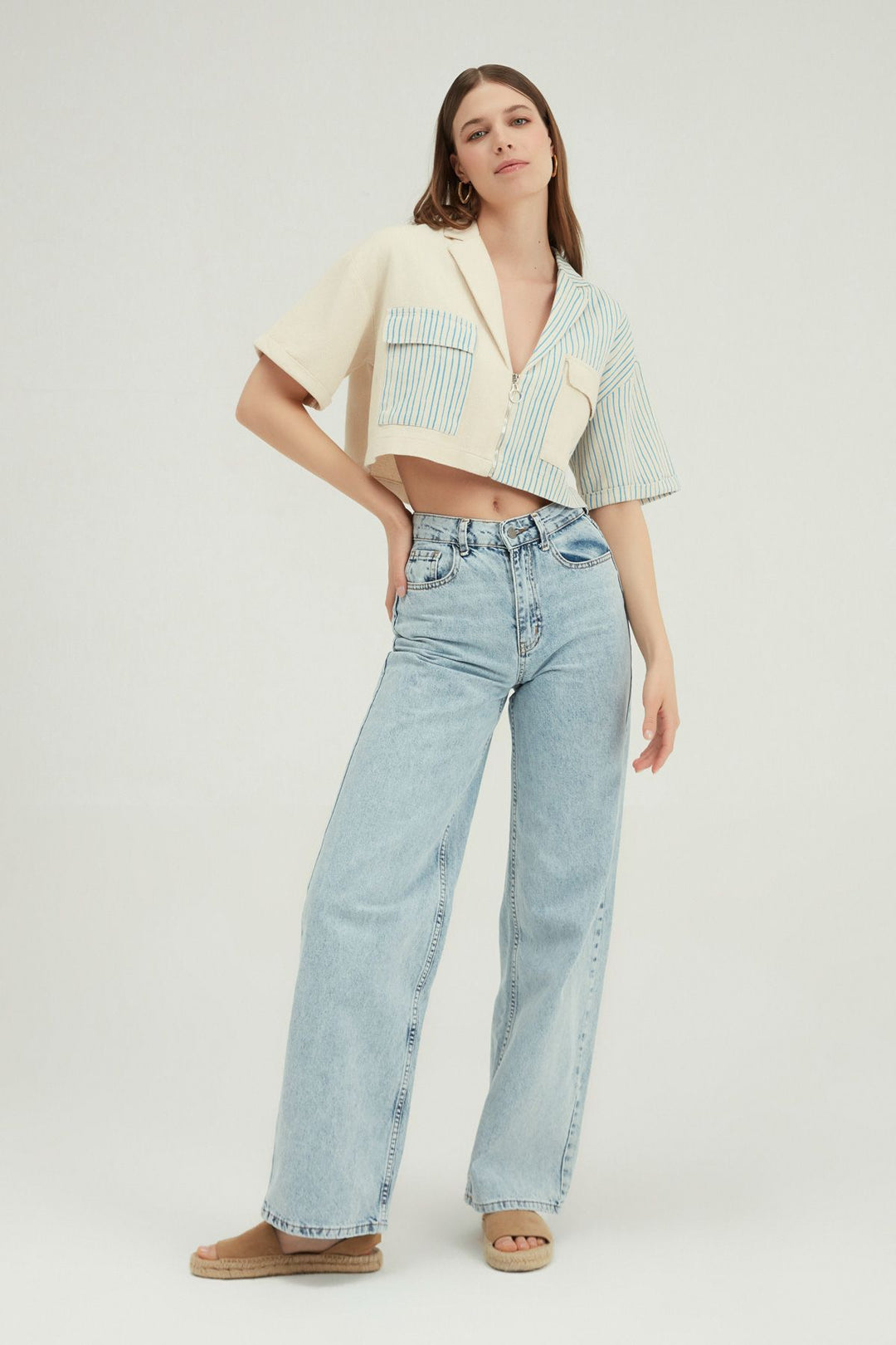 İki Renk Çizgili Kısa Ceket Bebe Mavi