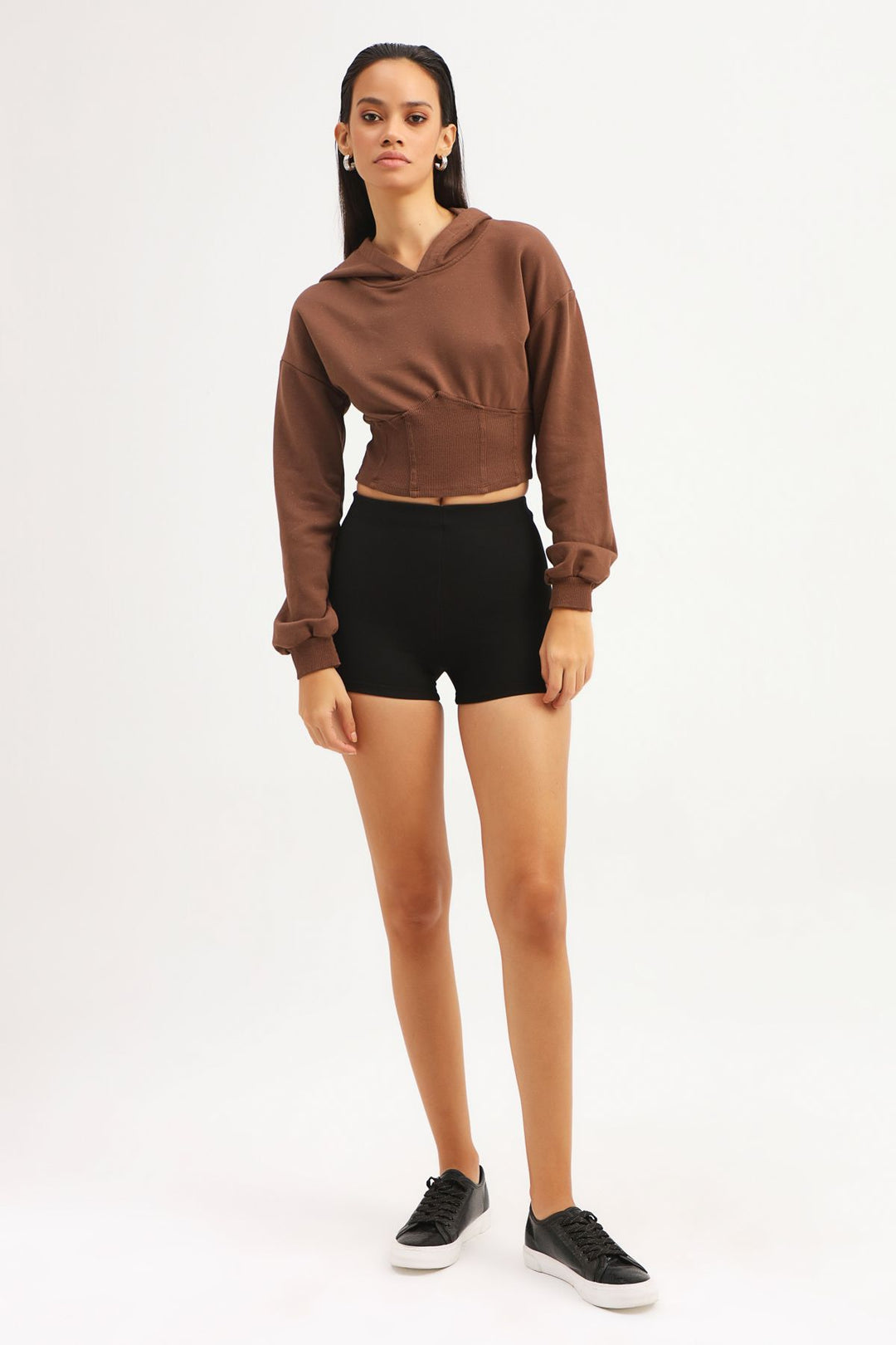 Kapüşonlu Crop Sweatshirt Koyu Kahve