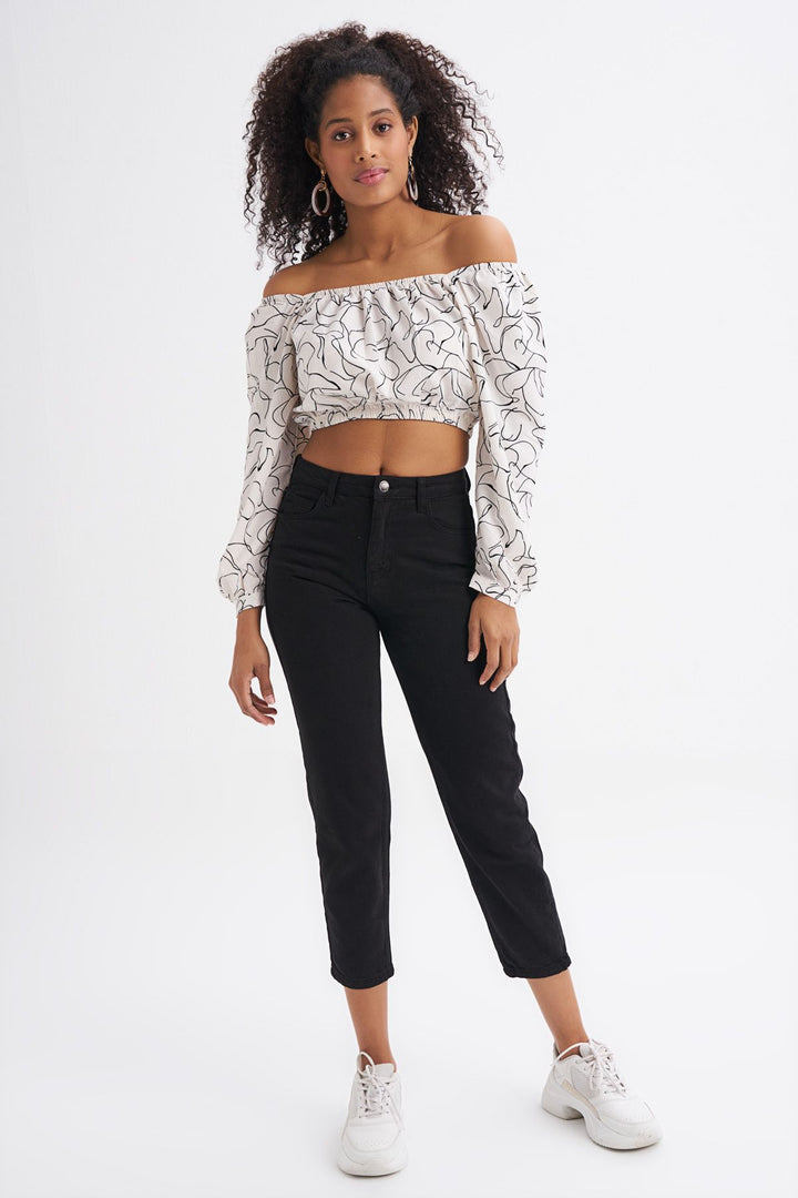 Patterned Tie Back Crop Blouse Ecru
