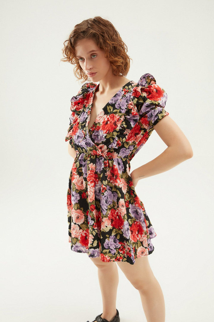 Desenli Fırfırlı Balon Kol Elbise Siyah