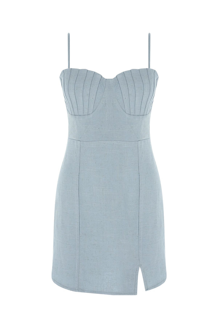 Askılı Keten Mini Elbise Mavi