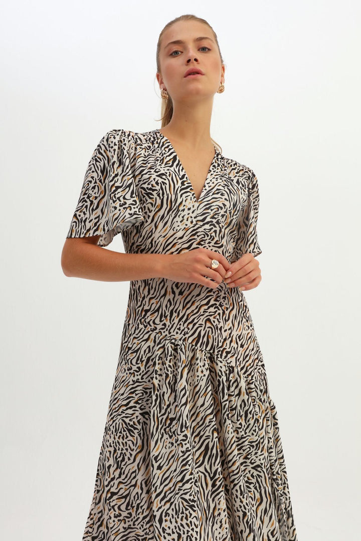 Patterned V-Neck Slit Dress Beige