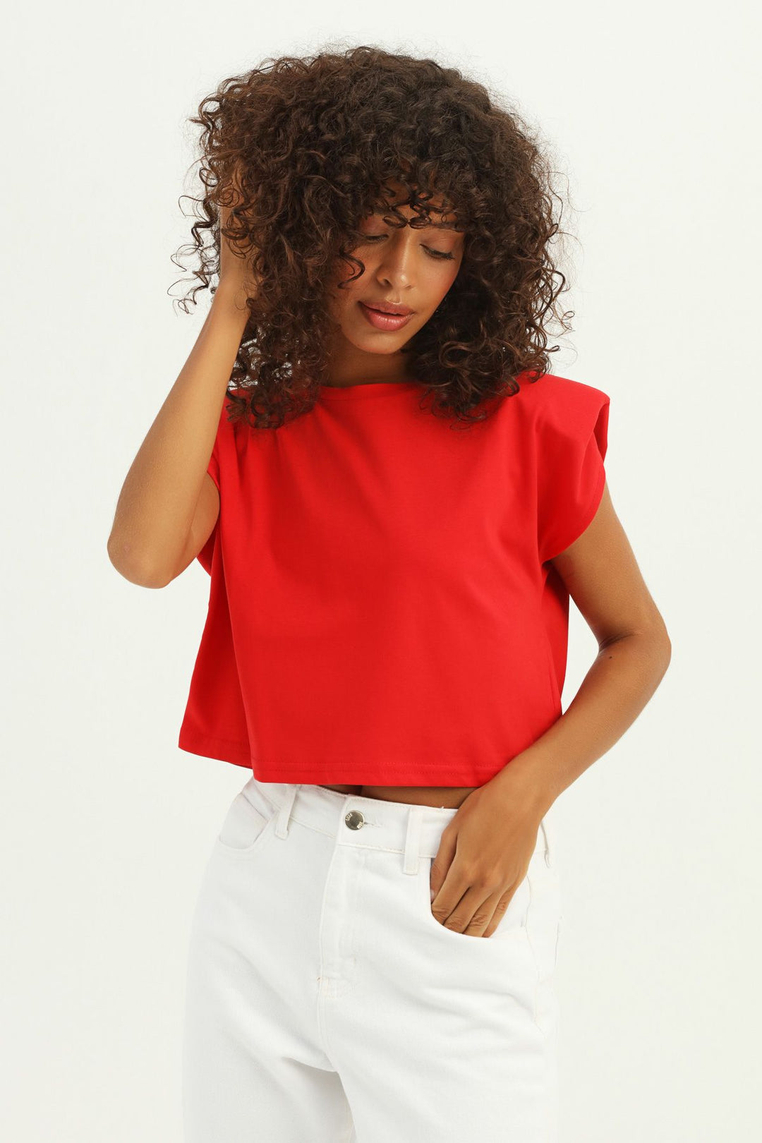 Vatkalı Basic Crop Tişört Kırmızı
