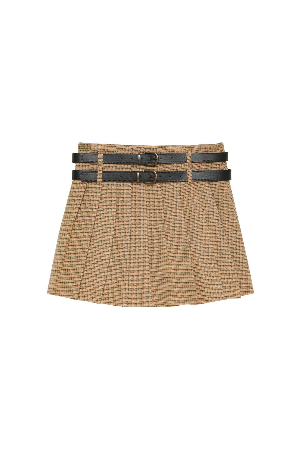 Pleat Detailed Belted Mini Skirt Beige