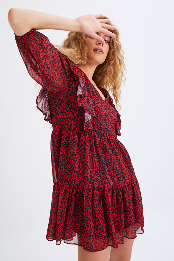 Patterned Ruffle V-Neck Dress Red