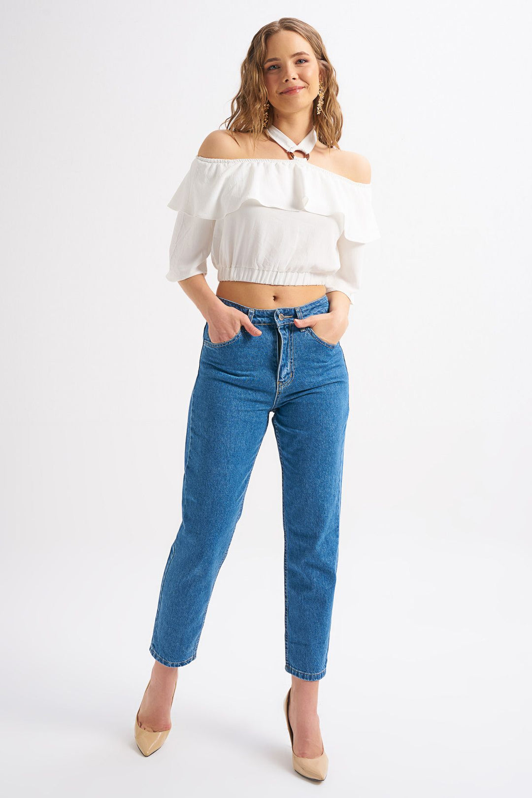 Halter Neck Detailed Flounce Blouse White