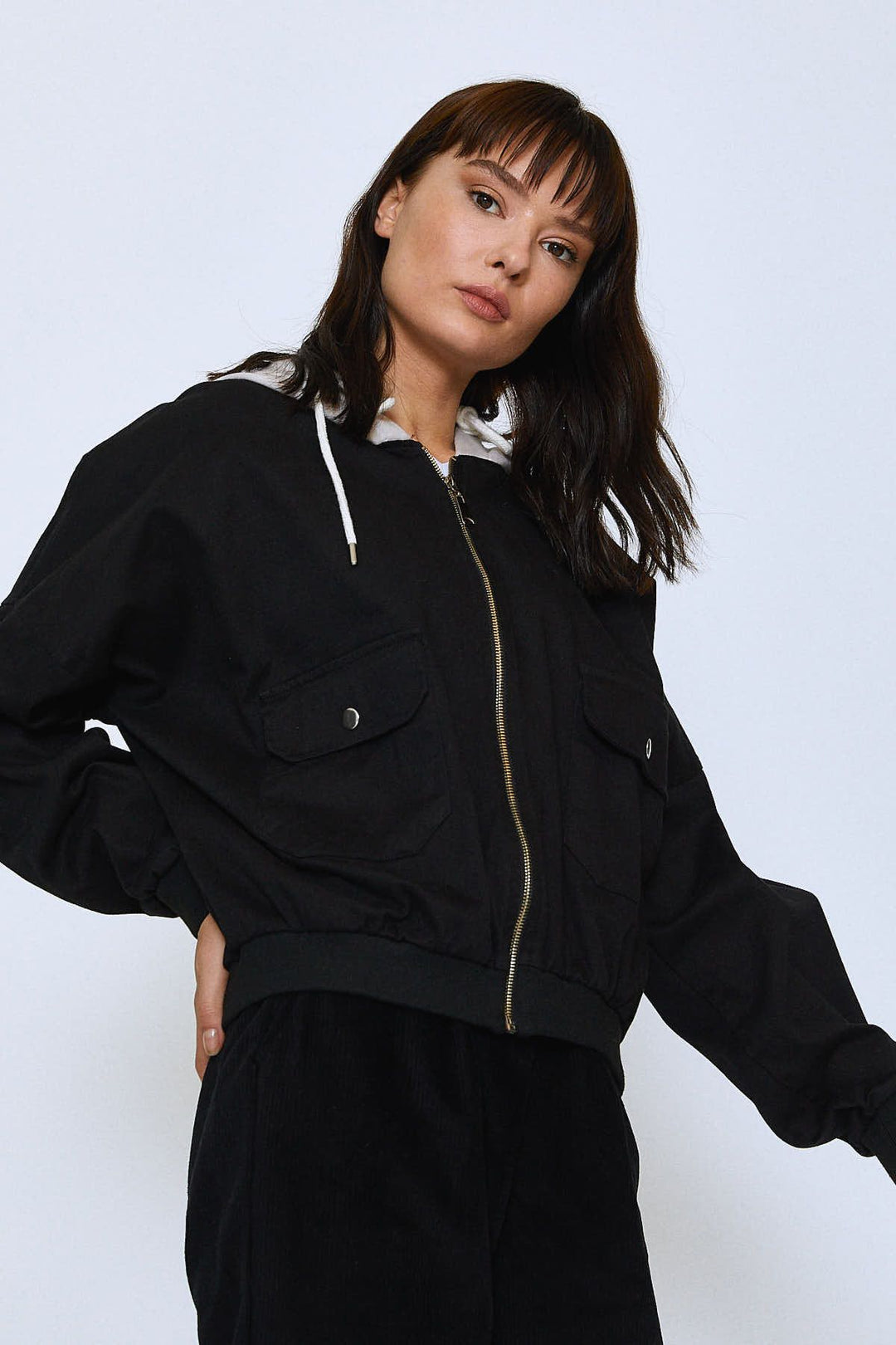 Kapüşonlu Reglan Kol Ceket Siyah