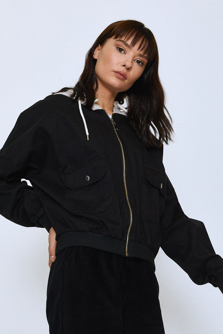 Kapüşonlu Reglan Kol Ceket Siyah