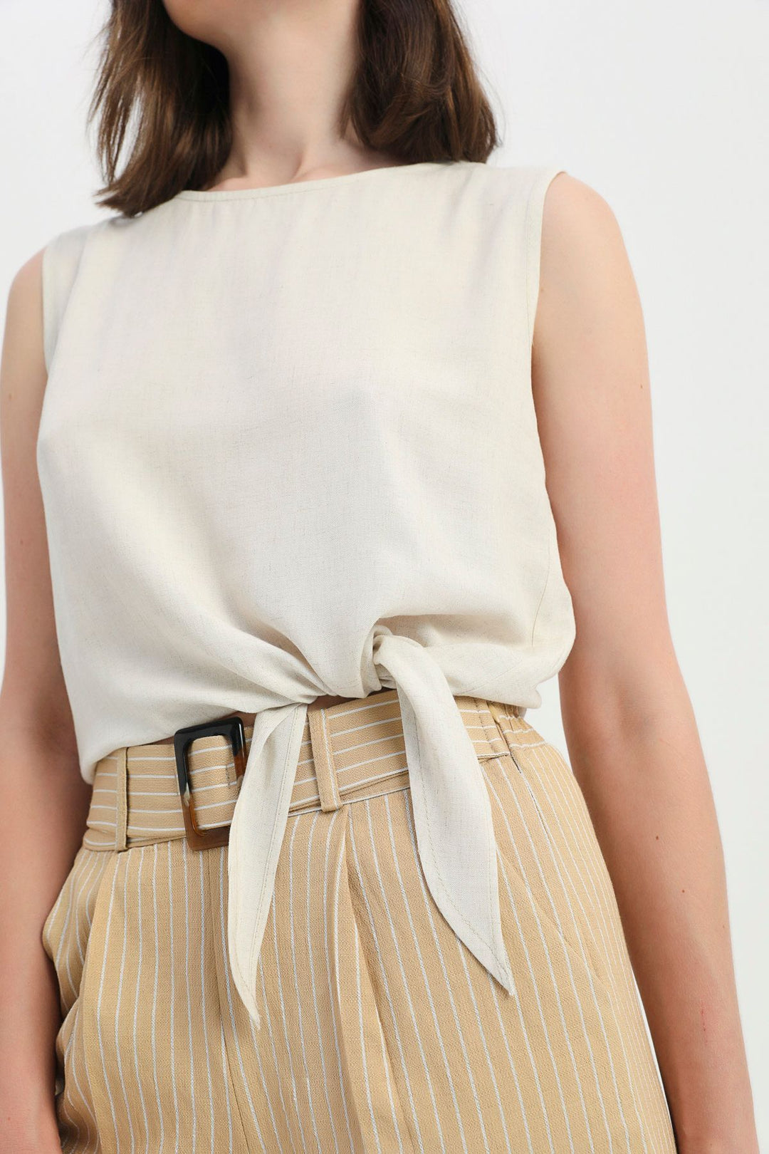 Side Tie Sleeveless Linen Blouse Natural