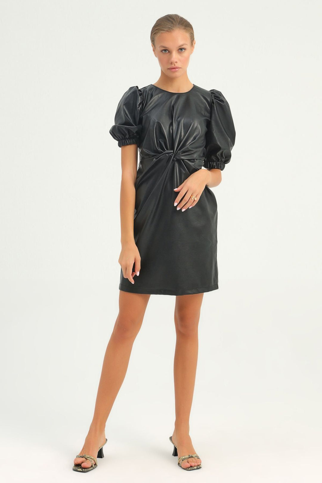 Balloon Sleeve Leather Dress Black